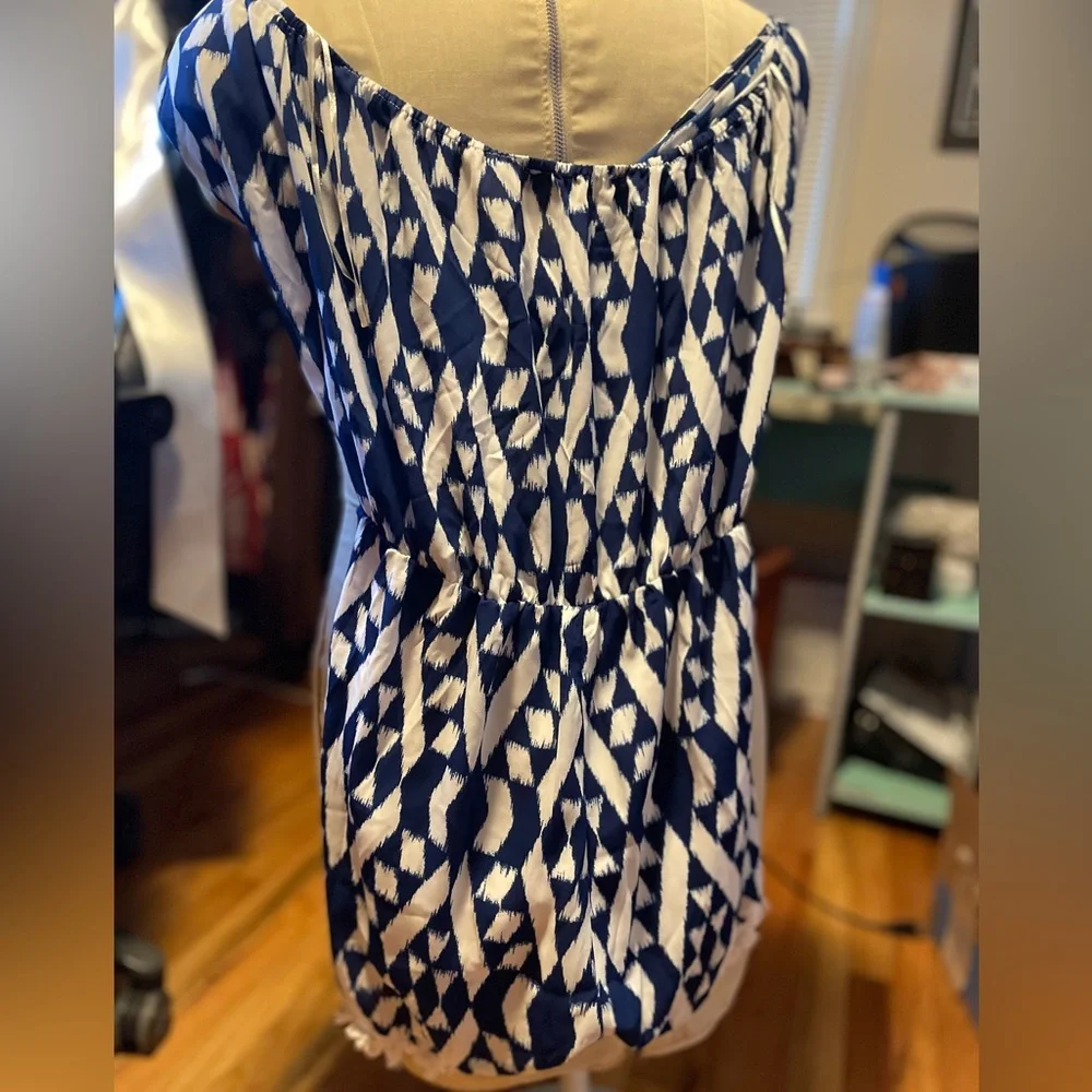 Blue and White Romper Geometric western boho beaded stretchy V-neck wrap beach